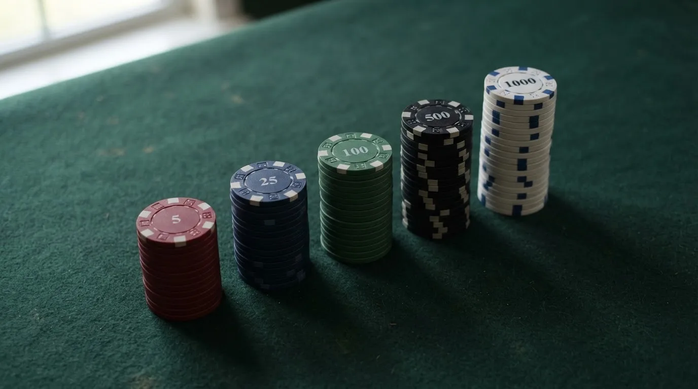 Flera travar med spelmarker i olika färger står uppradade i rad på ett bord, fotograferade snett ovanifrån i naturligt ljus.